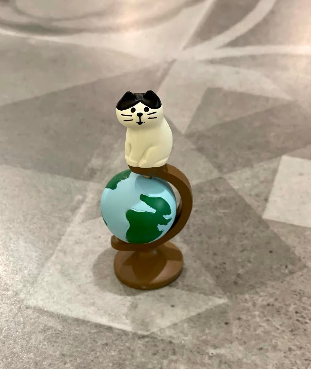 Cartoon Cat on Terrestrial Globe Collectable Figurine Gift Desk Ornament