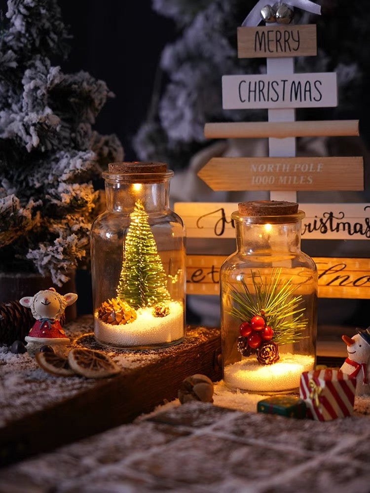 Christmas Ornament Pine Cone Glass Bottle Light Desk Decoration