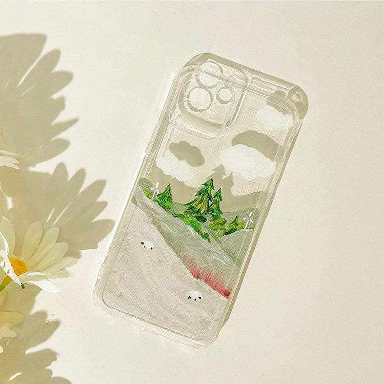 Spring Vibe IPhone Case with White Cloud and Mountain View Print